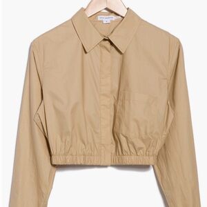Good American Beige Coated Poplin Button-Up Top